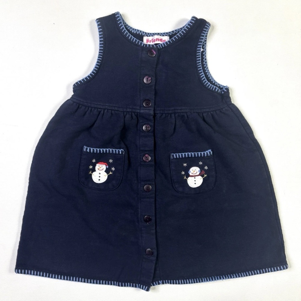 Just Friends Dress Girls 3T Button Snowman Navy Blue Christmas
